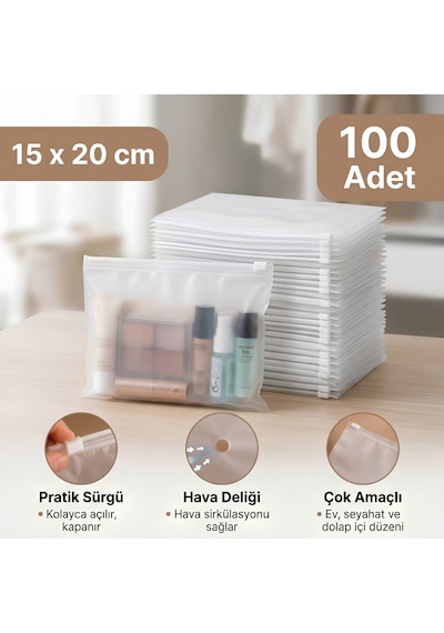 Valiz Dolap Içi Düzenleyici Organizer Buzlu Fermuarlı Poşet Zipper Torba 100 Adet 15 Cm X 20 Cm - 130 Micron Şeffaf
