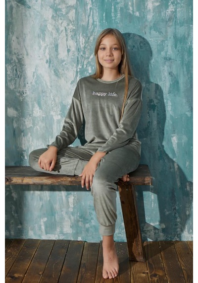 Kız Çocuk Uzun Kol Kadife Yeşil Pijama Takım C2t0n9o31-11 001