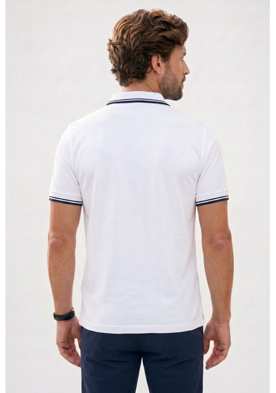 Tudors Erkek Slim Fit Dar Kesim %100 Pamuklu Çizgili Detaylı V Yaka Beyaz Polo Yaka Tişört-51593