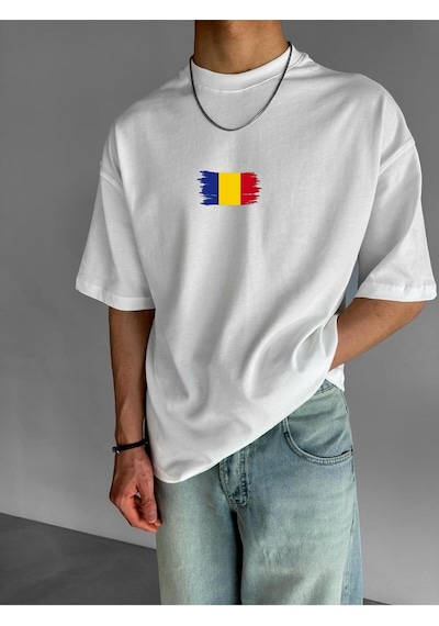 Romanya Bayrağı Baskılı Oversize Tişört BEYAZ