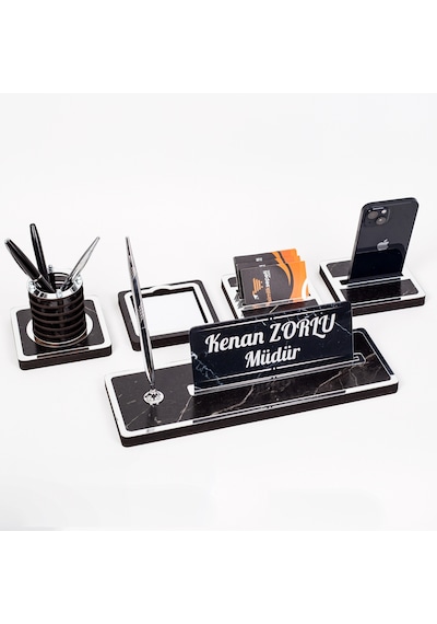 Mermer Desenli 5 Parça Ahşap Masa İsimliği Gümüş Ofis İsimlik