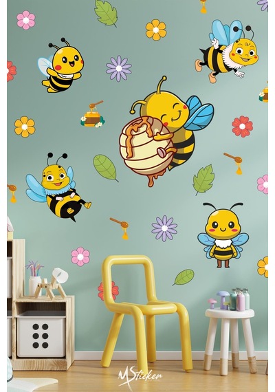 Sevimli Arılar Çiçekler Ve Yapraklar Çocuk Bebek Odası Duvar Cam Dolap Sticker Seti, Arı Sticker