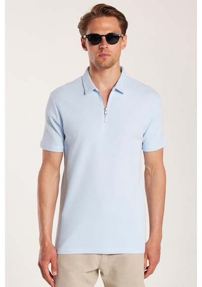 Tudors Erkek Slim Fit Dar Kesim %100 Pamuk Fermuarlı Mavi Polo Yaka Tişört-33771 Mavi