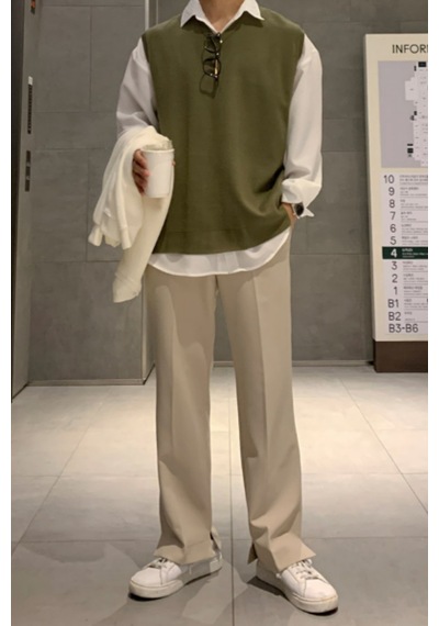 Erkek V Yaka Oversize Süveter Haki