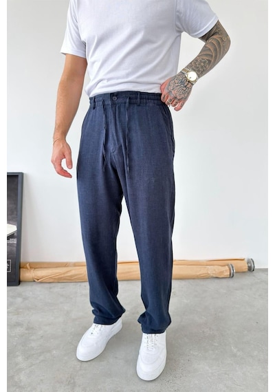 Lacivert Beli Lastikli Keten Pantolon