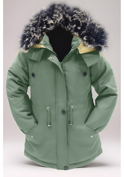 Asortix Unisex Kız/erkek Çocuk Kışlık Kanvas Kumaş Büzmeli Diz Üstü Içi Kürk Kapüşonlu Kaban Mont-mnt-0005 Mint Yeşil
