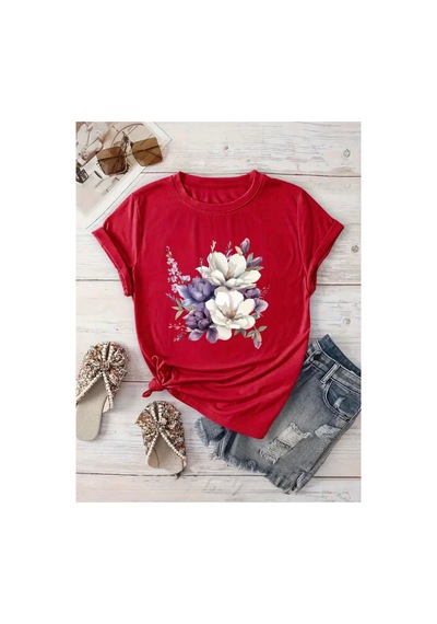 Herkesemoda Çiçek Baskı Detaylı Basic T-shirt Kırmızı