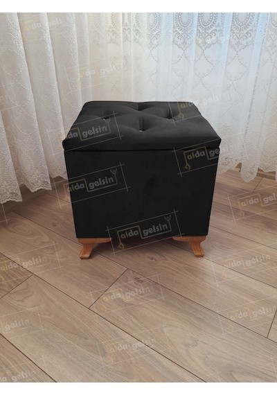 Lüks Sandıklı Tabure Puf 45 X 45 Cm Ceviz Ayak Siyah