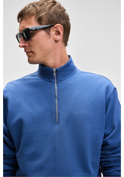Grımelange NESTOR Erkek Relaxed Fit Dik Yakalı Yarım Fermuarlı Uzun Kollu Mavi Sweatshirt