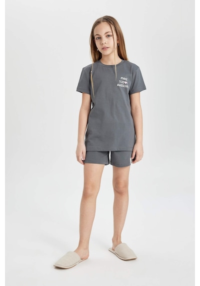 Defacto Kız Çocuk Baskılı Kısa Kollu Şort 2li Pijama Takımı C1956a824spgr449 Gri