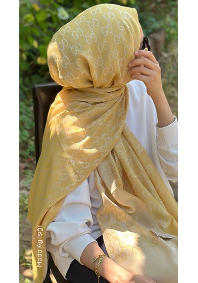Miorel Scarfs İnce Kumaş G Desen Pamuklu Şal Yün İpek Şal 4 Mevsim Çift Taraflı Sarı