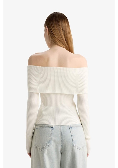 Defacto Coool Slim Fit Dar Kesim Açık Omuz Triko Kazak B6537ax25wner105 Ekru
