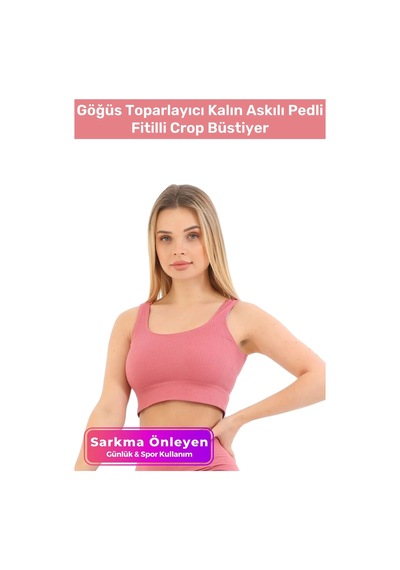 Carlburn Özel Üretim Göğüs Toparlayıcı Sarkma Önleyen Spor Günlük Kalın Askılı Pedli Fitilli Crop Büstiyer Pembe