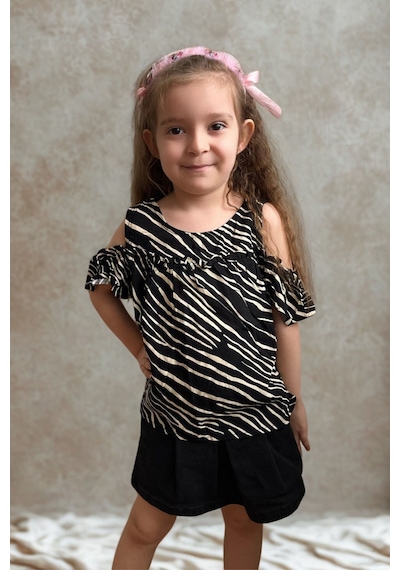Omuz Detaylı Zebra Desenli Çocuk Bluz-2004 001