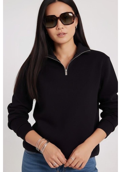 Afri Kadın 3 İplik Şardonlu Yarım Fermuarlı Siyah Sweatshirt İçi Pamuklu Kalın Kumaş, Tam Kalıp Rahat Model Siyah
