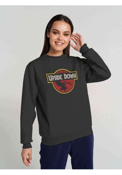 Stanger Things Upside Down Baskılı Füme Antrasit Kadın Sweatshir