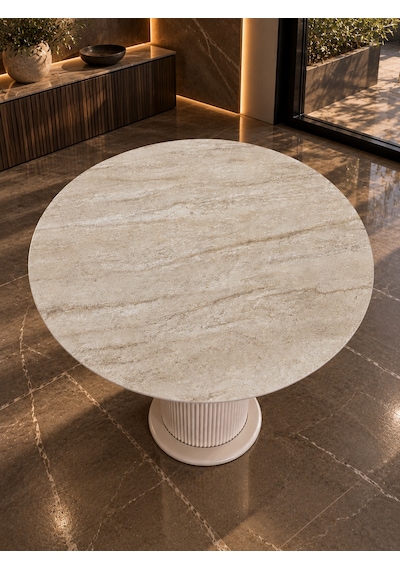 Traverten Desenli Yuvarlak Masa 90 Cm Mdf Vizon Bej