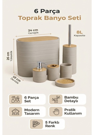 Makri Home 6 Parça Toprak Banyo Seti, Bambu Detaylı, 8l Çöp Kovası 24x26x16 Cm Kahverengi