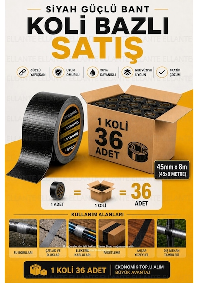 Siyah Güçlü Tamir Bandı 45mm X 8m Çok Amaçlı Su Geçirmez Tamir Bandı 36 Adet
