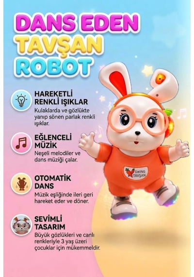 Dans Eden Sevimli Tavşan Elleri Ve Ayakları Haraketli 18 Cm Işıklı Sesli Eğitici Oyuncak Tavşan Pembe