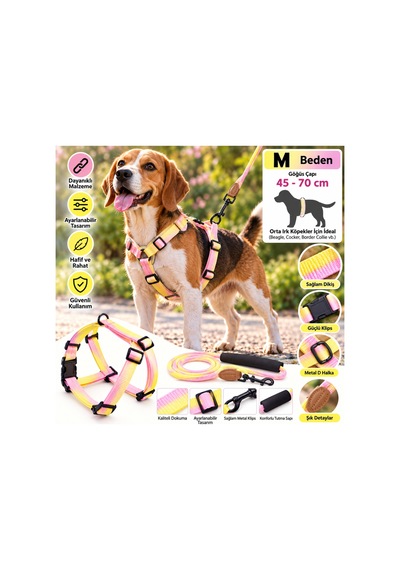 Ally Paws Köpek Göğüs Tasması Ve Gezdirme Kayışı Seti M Beden 10mm X 120cm - Sarı Pembe Çok Renkli