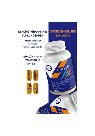 Tr Evovit Multivitamin Tablet, 30 Tablet, Ginseng Ve Koenzim Q10, Enerji Metabolizması Ve Bağışıklık Sistemi Deste