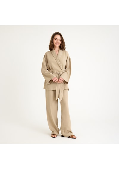 Miespiga %100 Pamuklu Dokuma Şal Yaka Müslin Kimono-pantolon Alt Üst Takım Bej