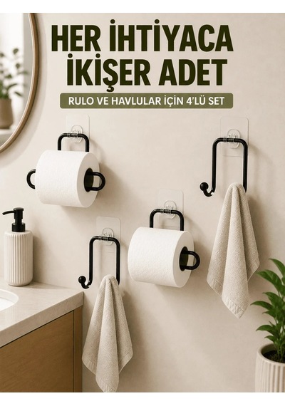 Lb Yapışkanlı Banyo Düzenleme Seti 2 Rulo Tutucu 2 Havlu Askılığı 4 Parça Çok Renkli