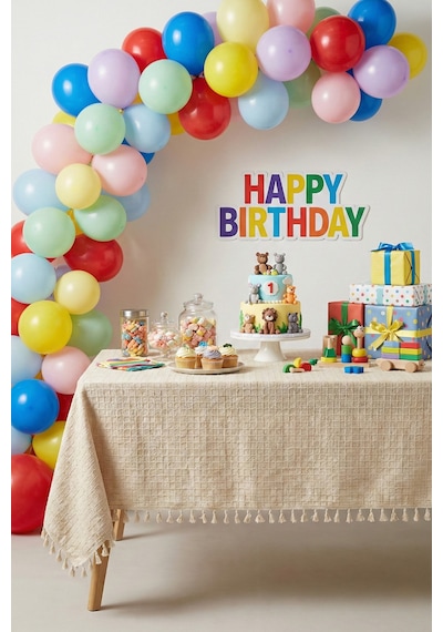 Organizasyon Monika Püsküllü Masa Örtüsü - Baby Shower, Doğum Günü, Nişan Bohem Vintage Buldan Örtü Bej