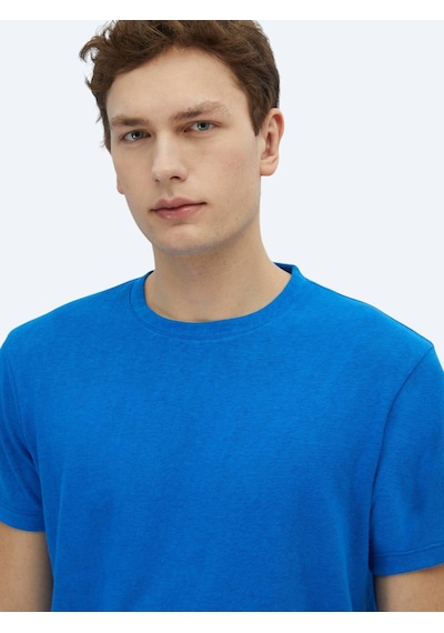 Kip Saks Düz Bisiklet Yaka Pamuk Karışımlı T-shirt Saks