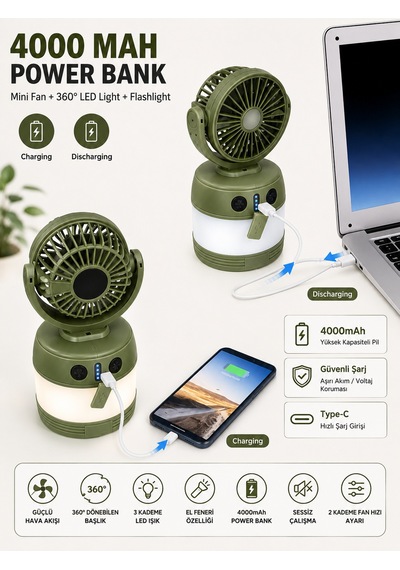 Şarjlı Kamp Fanı Led Lambalı 4000 Mah Powerbank Taşınabilir Vantilatör Ve Kamp Feneri Haki