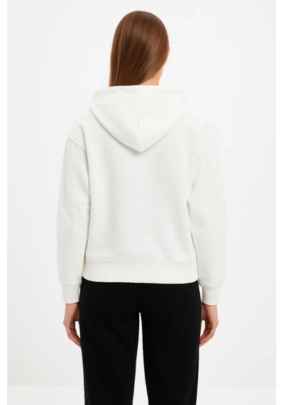 Defymoda Oversize Kapüşonlu Sweatshirt Hoodie 3 İplik Şardonlu Pamuklu Kumaş, Önü Baskılı, Fermuarlı Rahat Ka Beyaz
