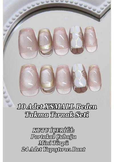 Xsmall Beden Yaldızlı Kedi Gözü 10 Adet Takma Tırnak Seti T092 Yaldızlı