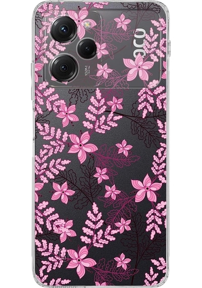 Poco X5 Pro Kamera Korumalı Kapak Floral Pembe Tasarımlı Şeffaf Kılıf