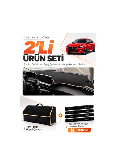 E-biz Peugeot 208 2020-2024 Uyumlu Torpido Örtüsü + Tay Tüyü Bagaj Çantası - Siyah-bej - Pe006