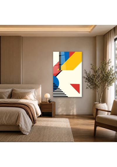 Mavi Daireli Bauhaus Kompozisyonu Çerçevesiz Cam Tablo