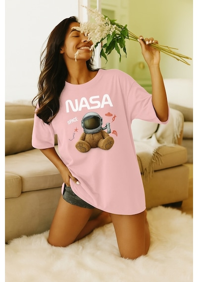 Ayıcık Baskılı Oversize Beyaz T-shirt Pembe