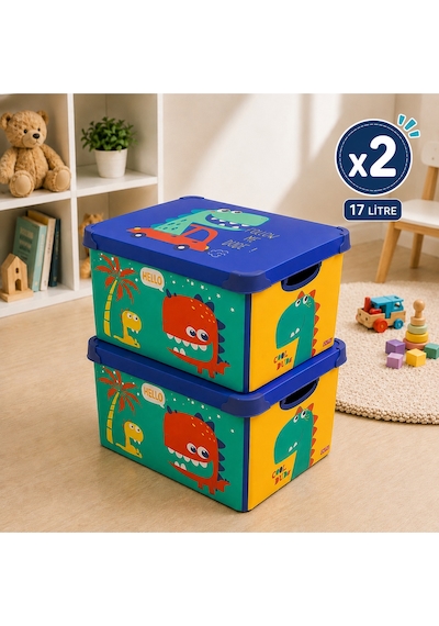 Style Box Dude Dekoratif Oyuncak Kutu Seti - 2x 17 Litre Gri Çok Renkli