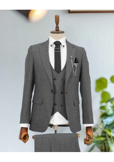Beystil Sivri Yaka Gri Takım Elbise Bezayak - Slim Fit Gri