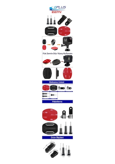 Gplus Bs07yv 7 Parça Flat Zemin Düz Yüzey Vidalı 3 Yollu Aksiyon Kamera Uyumlu 3m Yapışkanlı Motor Kask Bağlantı Seti Siyah