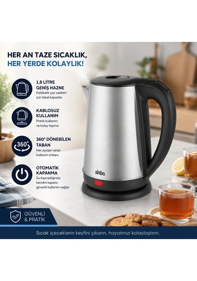 Çelik Kettle Su Isıtıcısı Kablosuz Kullanım 1.8lt 360 Derece Dönebilme Otomatik Kapanma Sk-8026 546