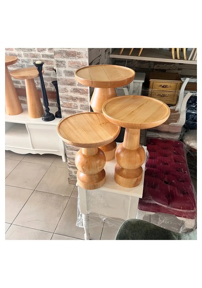 Wood Ahşap 3 Lü Set Fitilli Mantar Yan Sehpa Modern Fiskos / Çiçe