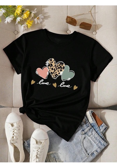 Uyguntarz Unisex Love Kalp Baskılı Tasarım Tshirt Siyah