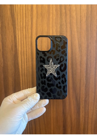 Apple iPhone Uyumlu 13/14 Leopar Baskılı İçi Kadife Silikon Telefon Kılıfı Siyah