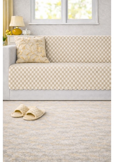 Aron Kürklü Koltuk Örtüsü 170x215 Cm Yumuşak Peluş Lüks Kaymaz Taban Kanepe Örtüsü Krem Kahve Krem - Kahve