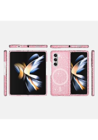 Samsung Galaxy Uyumlu Z Fold 6 Kılıf Magsafe Şarj Özellikli Simli Sert Şeffaf Allstar Kapak Pembe