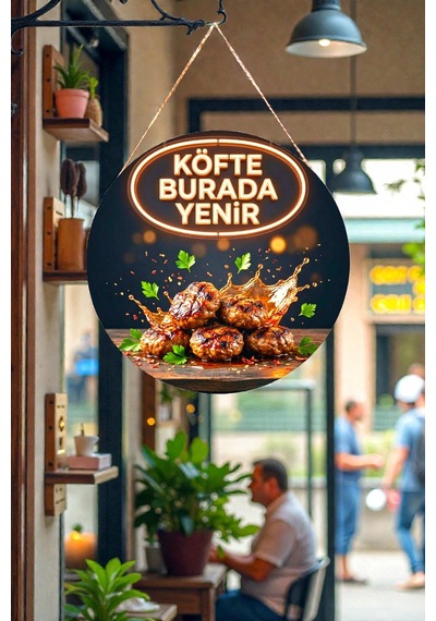 Köfte Burada Yenir Görselli İpli Ahşap Duvar Kapı Tablosu, Köfteci, Restoran, Cafe Süs Dekoru