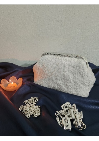Shine, Beyaz Simli, Handmade, Teddy, Burslu, Kadın El Çantası Beyaz - Gümüş