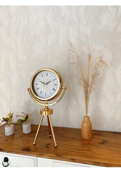 Gold Metal Mini Tripod Çini Desenli Roma Rakamı Masa Saati 45 26 Cm Çok Renkli