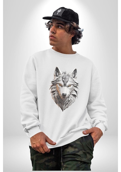 Beyaz Kurt Kafası Unisex Beyaz Baskılı Sweatshirt Beyaz